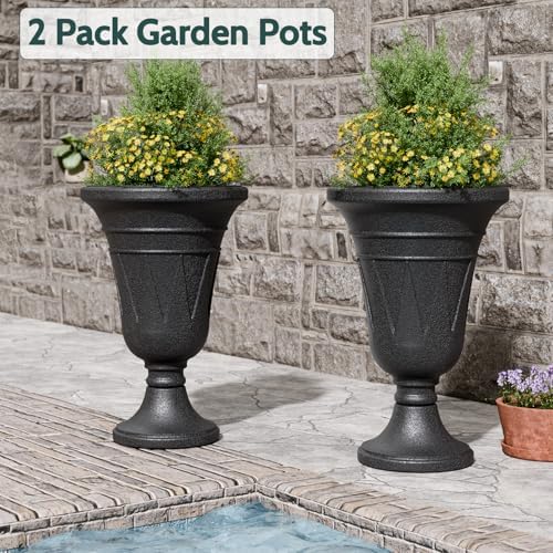 Tall Plastic Urn Planters and Pedestal - 24" Outdoor Planter Black - Image 4