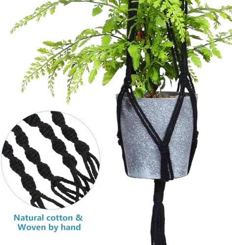 Kisangel 4 Pcs Black Macrame Plant Hangers for Indoor Ceiling Flower Pots, 100cm Cotton Rope Hanging Planter Basket Set for Balcony Decoration and Wall Mounted Garden Use - Image 3