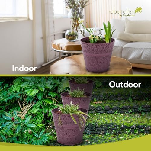 Headwind IronLite Ensley – 8" Plum Decorative Metal Planter with High‑Gloss Embossed Design – Indoor Plant Pot with Drainage Hole & Modern Round Style for Home & Outdoor Use by Robert Allen - Image 7