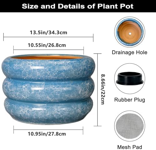 SQOWL Ceramic Plant Pot Indoor with Drainage Hole 13.5 Inch - Large Outdoor Planter Ceramic Flower Pot Modern Round Planter Decorative Plant Pot for Outdoor Porch Decor Blue - Image 3