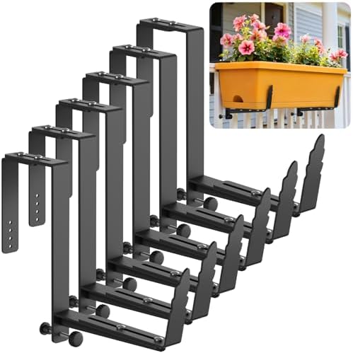 Window Box Brackets, Adjustable Planter Box Brackets, Heavy Duty Iron Flower Box Bracket for Deck Railing with Upgraded Bottom Support - Ideal for Balconies, Fences, and Gardens (6 Pack) by VOXOR