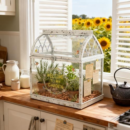 Large House Shape Glass Terrarium with Acrylic Lid, White Geometric Greenhouse - Style Planter for Ferns, Succulents, Air Plants, Handmade Indoor Tabletop Decor (Terrarium Only) by Unknown