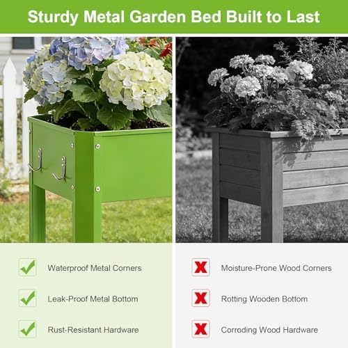 Raised Garden Bed with Legs, Metal Elevated Planter Box with Efficient Drainage System and Tool Hooks, 220LB Capacity Outdoor Galvanized Garden Bed, Sturdy Construction for Patio, Deck, Balcony, Green - Image 4