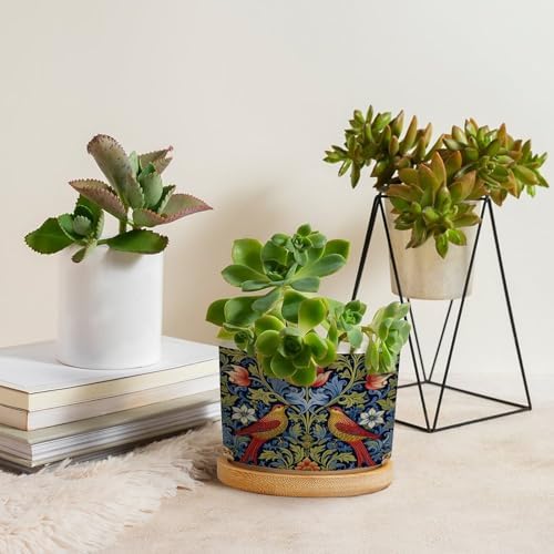 Red Bird Floral Flower Planter Ceramic Chinoiserie Asian Botanical Round Plant Pots with Drainage Holes and Bamboo Tray Pot for Indoor Outdoor Garden - Image 4