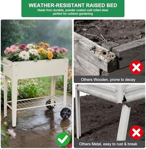 Elevated 32" Tall Raised Garden Bed with Legs and Wheels for Mobility, Metal Planter Boxes Outdoor with Shelf, Raised Bed for Gardening Vegetables/Herbs, Backyard, Patio, Balcony, White - Image 7