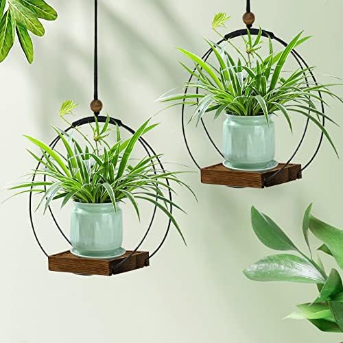 hismocal 2 Pack Hanging Planter for Indoor Plants, Black Plant Hanger with Sturdy Wood Base, Modern Boho Macrame Hanger, Wall Ceiling Window Planter (Plants/Pots Not Included) - Image 6