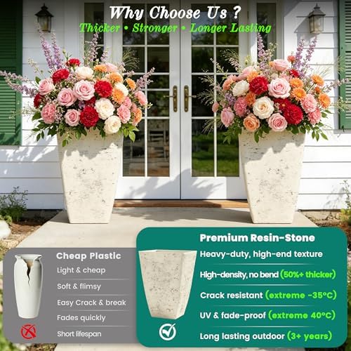 Autodaya Resin 19" Tall Planters Set of 2 Plant Pots, Country White Square - Image 2