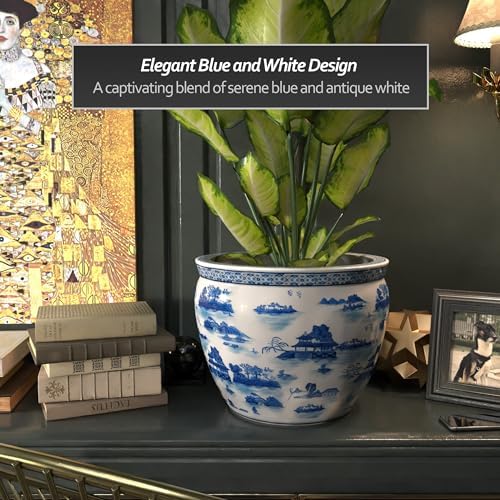 Red Lantern 16" Landscape Blue & White Porcelain Fishbowl Planter or Cachepot for Indoor/Outdoor Use in Garden Entryway Living Room Boho Eclectic Modern Contemporary Classic Traditional Style Decor - Image 5