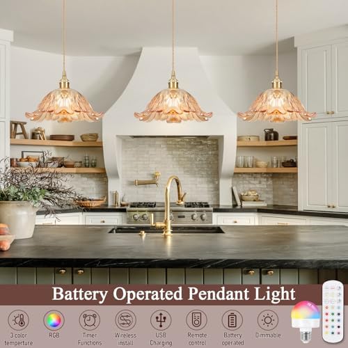Battery Operated Pendant Light,Amber Chandelier RGB Light Bulb 2500mAh 11in Vintage Light Fixtures with Remote Control Wireless Adjustable Rechargeable Chandelier for Kitchen Island Hallway 1Light - Image 3