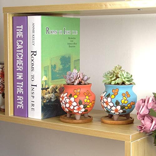 Hand Painted Tall Round Succulent Planter Cactus Planter Pot Clay Pot Flower Pot Floral Design with Bamboo Trays Pack of 4 (3 Inch) - Image 5