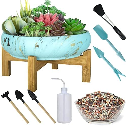 Succulent Pots, 10 Inch Ceramic Bonsai Pots with Drainage, Shallow Planters by ARTKETTY