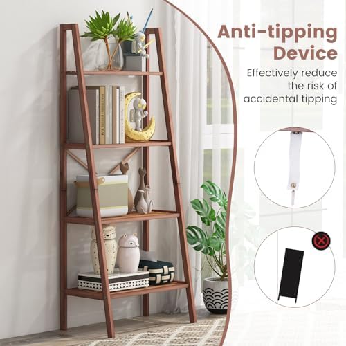 Giantex 4-Tier Bamboo Bookshelf, Indoor Free Standing Plant Stand Display Rack w/Anti-Tipping Device, Corner Bamboo Ladder Shelf for Small Space, Living Room, Kitchen, Bedroom, Office, Walnut - Image 7