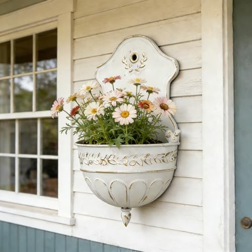 Vintage Distressed White Metal Wall Planter, Rustic Hanging Pocket Planter with Scrollwork & Scalloped Design, Farmhouse Wall Decor for Indoor & Covered Outdoor Garden, Porch & Entryway (White Gold) - Image 2