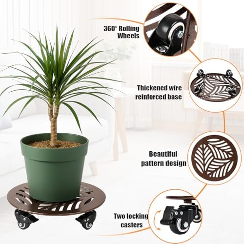 3-Pack Large Metal Plant Caddy with Wheels 13.6 Inches Heavy-duty Rolling Plant Stands with Casters Wheeled Flower Pot Mover Rollers Rust-proof Iron Planter Dolly Coasters for Indoor Outdoor Use - Image 2