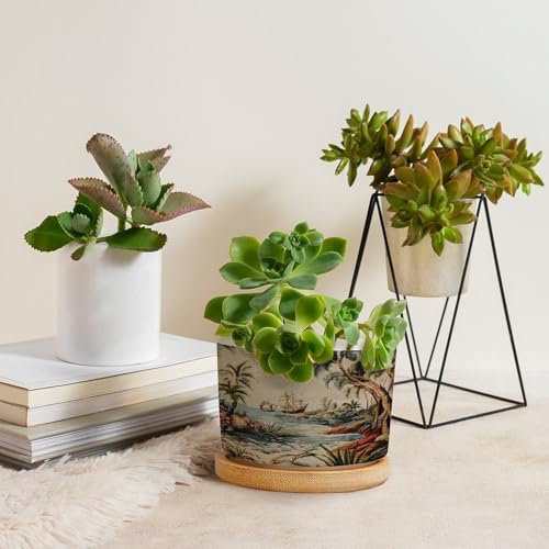 Antique Chinoiserie Planter Ceramic Coral Peony Chic Asian Round Plant Pot with Drainage Holes and Bamboo Tray Pot for Home Office Decoration - Image 4