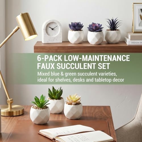 MyGift Blue & Green Artificial Succulent Plants, Ceramic Pots, Set of 6 - Image 3
