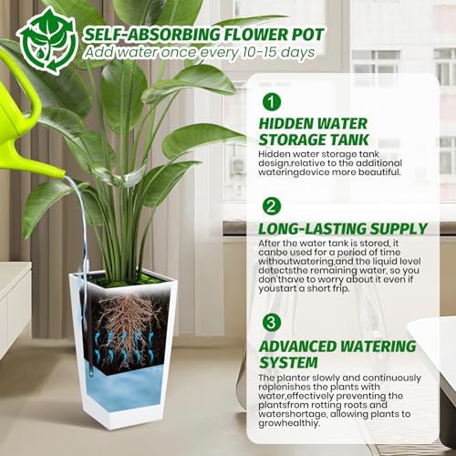 GarveeLife 16 in Tall Planters Set of 2, Outdoor＆Indoor Black Planter Pots, High Front Porch Planter Pots with Drainage Holes＆Water Level Monitor＆Inner Bucket, Automatic Watering,White - Image 3