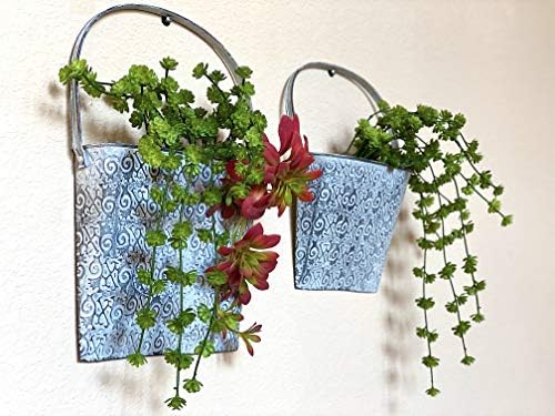 Metal Wall Pocket Planters Set of 2 Rustic Farmhouse Hanging Wall Vases Olive Green Galvanized Steel Indoor Outdoor Garden Decor 14" x 6" - Image 4