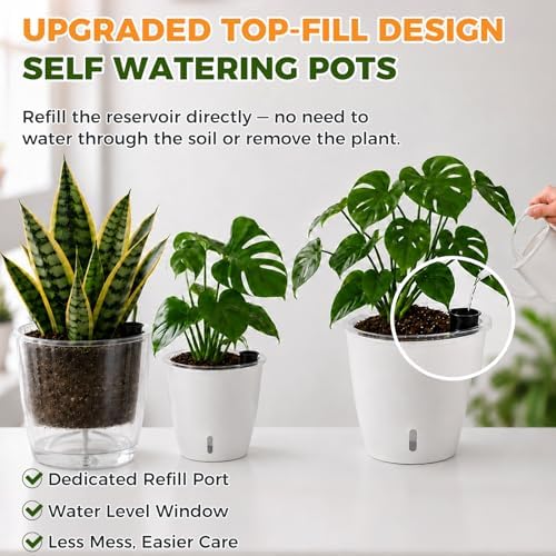 Upgraded Self Watering Pots for Indoor Plants, 8-Pack 5/6.7 Inch Top-Fill Self Watering Planter with Water Window, Clear Wick Inner Basket with Drainage, White (5 Pcs 5" and 3 Pcs 6.7") - Image 2