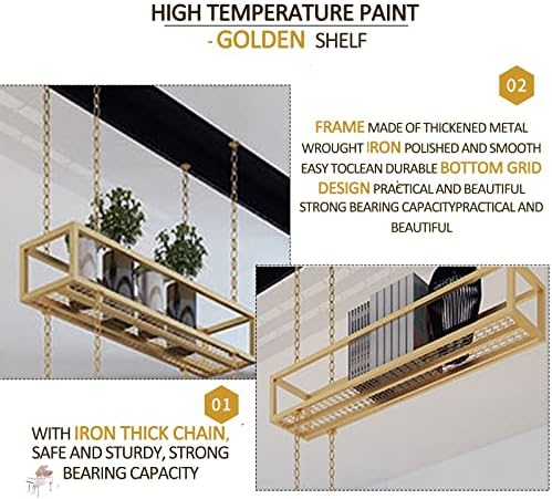 Ceiling Shelf Mounted Hanging Basket Floating Suspended Storage Shelving, Gold Decorations Display Shelves Flower Stand for Kitchen Bar Living Room, Wine Holder Pot Pan Rack (Size - Image 3
