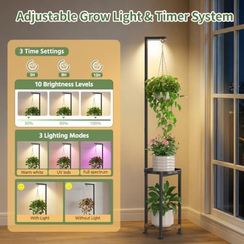 LASZOLA Hanging Plant Stand Shelf Indoor Tall with Light, 2 Tier Black - Image 4