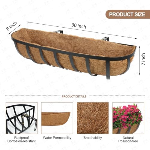 30 Inch 2 Packs Window Boxes Planters Railing Planter Box with Adjustable Brackets for Porch Fence Patio Balcony Hanging Flower Baskets with Coco Liners for Outdoor Garden Décor(30IN/2Packs) - Image 2