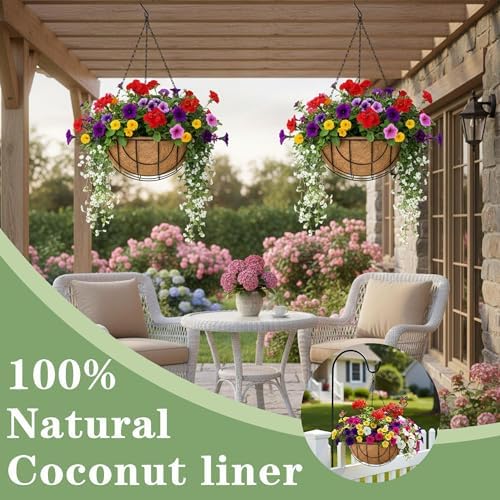 EIMQUVW Outdoor Metal Hanging Planters Basket (4pack, 14 inch) Hanging Baskets for Plants Chain Round Wire Plant Holder with Coco Fiber Liners for Garden, Patio, Deck, Porch(Grid) - Image 2