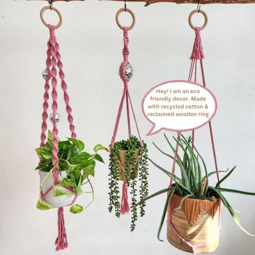 Set of 3 Macrame Plant Hanger | Disco ball decor Hanging planters for indoor plants Cool gifts for plant lovers Boho plant pots plant stand indoor Hanging planters for outdoor plants (Champagne Pink) - Image 4