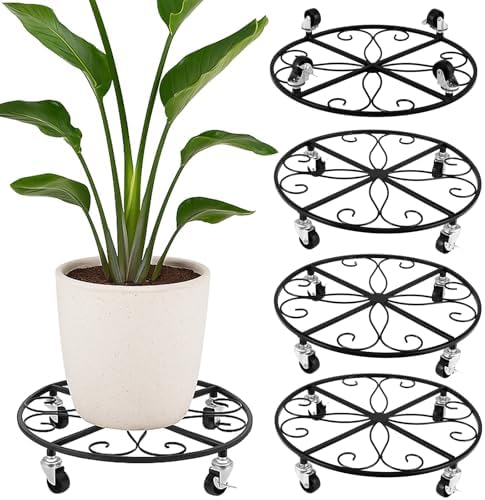 4 Pack Plant Caddy with Wheels 16 Inch Rolling Plant Stand for Large Plants Heavy Duty Plant Rollers Metal Plant Dolly Rustproof Planter Stand Wrought Iron Plant Stands Flower Cart Indoor Outdoor by PartyZealot