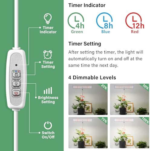 LORDEM Grow Light for Indoor Plant, Full Spectrum LED Plant Light, Height Adjustable Growing Lamp with Auto On/Off Timer 4H/8H/12H, 4 Dimmable Brightness, Ideal for Home Desk Plant Lighting, 2 Pack - Image 4