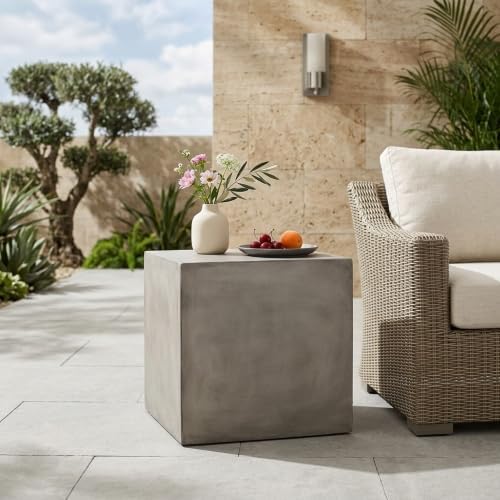 ø22'' Concrete Side Table End Table for Outdoor & Living Room, Modern Square Cube Style, Durable and Lightweight, Cement Material, No Assembly, Light Gray - Image 3