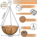 ZeeDix 6 Pack 14 Inch Metal Round Hanging Planter Basket with Coconut Liners Replacement, Hanging planters Baskets with Natural Coco Liner for Outdoor Indoor Planters Flowers Vegetables - Image 2