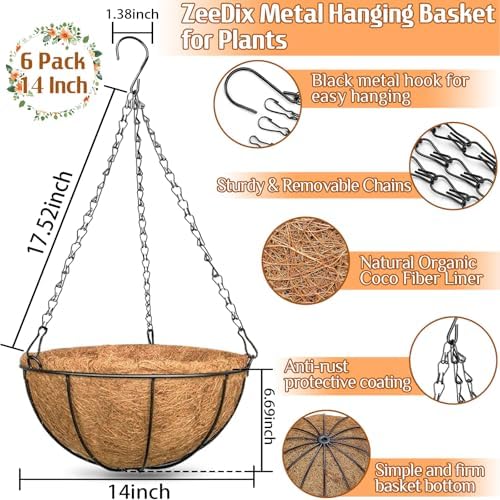 ZeeDix 6 Pack 14 Inch Metal Round Hanging Planter Basket with Coconut Liners Replacement, Hanging planters Baskets with Natural Coco Liner for Outdoor Indoor Planters Flowers Vegetables - Image 2