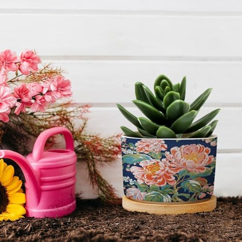 Bright and Chinoiserie Ceramic Planter Coral Peony Floral Flower Pots for Indoor Plants with Drainage Holes and Saucers Pot for Outdoor Garden Home Plant - Image 5