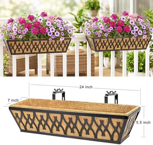 6 Pack 24 Inch Window Boxes Planters Railing Planter Box with Adjustable Brackets for Porch Fence Patio Balcony Hanging Flower Baskets with Coco Liners for Outdoor Garden Decor - Black - Image 6