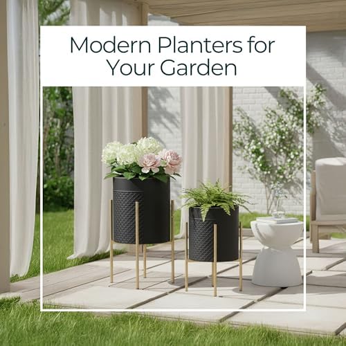 Decorative Flower Pots with Metal Stand for Home Decor - Modern Planters for Hallway, Entryway, and Living Room Decor - Indoor and Outdoor Pots for Plants - Set of 2, 23", 19", Black & Gold - Image 3