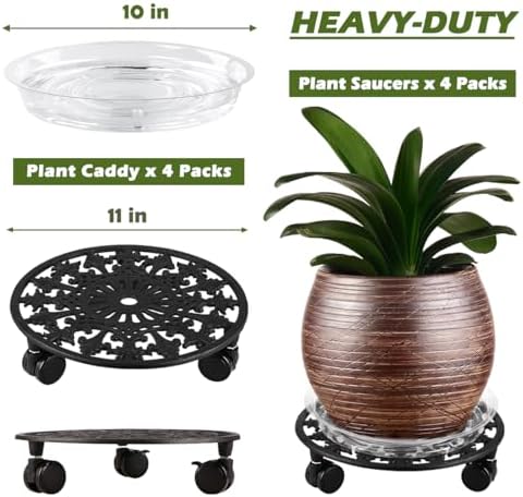 4 Pack Plant Caddy with Wheels, PlanterHoma 11 Inch Metal Plant Stand with Wheel Heavy Duty Wrought Iron Planter Dolly Rolling Stand Plant Roller with Caster for Indoor and Outdoor with 4 Pack Saucers - Image 3