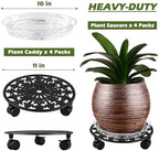 4 Pack Plant Caddy with Wheels, PlanterHoma 11 Inch Metal Plant Stand with Wheel Heavy Duty Wrought Iron Planter Dolly Rolling Stand Plant Roller with Caster for Indoor and Outdoor with 4 Pack Saucers - Image 3