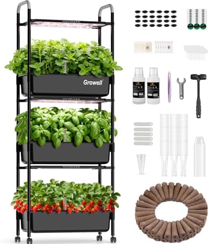 Growell Hydroponics Growing System Kit, 81 Pods Vertical Indoor Herb Garden with Smart LED Grow Light, Auto Circulating Water Pump Each Tier, 42L Hydroponic Gardening Systems for Ideal Gifts (Black) by Growell