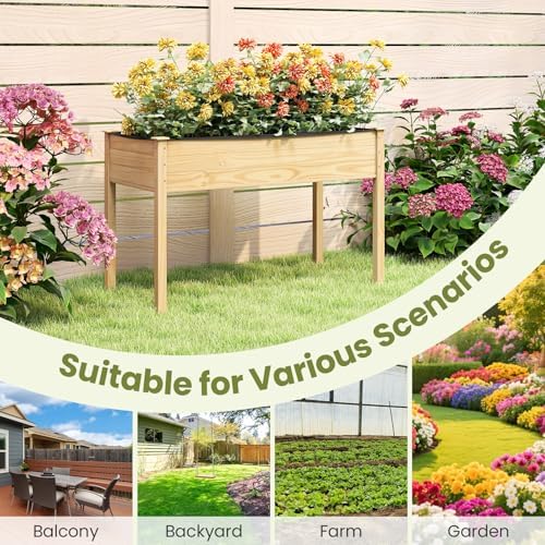 GIANTEX Raised Garden Bed, Elevated Wood Planter Box with Liner, 47"x23"x30" Freestanding Raised Bed for Indoor Outdoor Plants, Vegetables Flower Herbs Fruit Gardening - Image 7