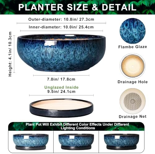 Bonsai Pots, 10 Inch Ceramic Succulent Pots with Saucer, Blue - Image 2