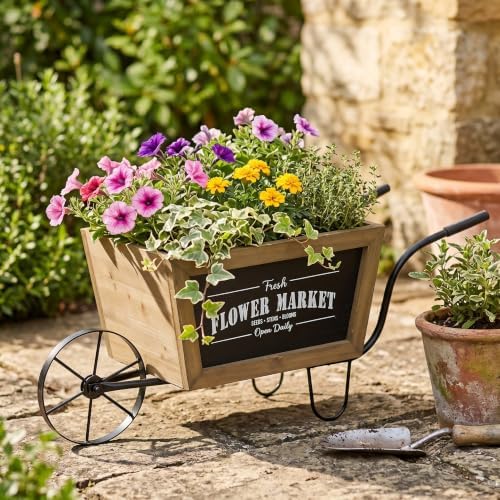 Wheelbarrow Planter with Iron Frame, 19.5 Inch, Brown and Black - Image 7