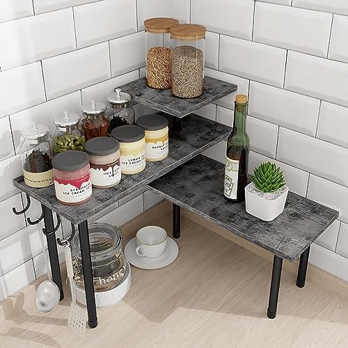 Homode Kitchen Countertop Organizer, 3 Tier Corner Shelf Bathroom Counter Organizer, Wooden Counter Shelf Stand Space Saver, Easy Assembly, Rustic Grey by Homode