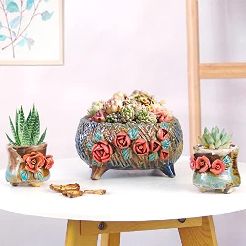6.3 Inch Succulent Pot Handmade Flower Design Round Ceramic Antique Plant Pot Cactus Pot Planter with Drainge and Mesh Pad (Dark Red) - Image 5