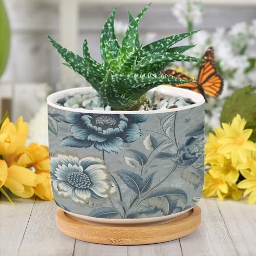 On Flax Blue Chinoiserie Ceramic Planter Blue Grey Asian Flower Pots for Plants with Drainage Holes and Saucers Pot for Outdoor Garden Home Plant - Image 6
