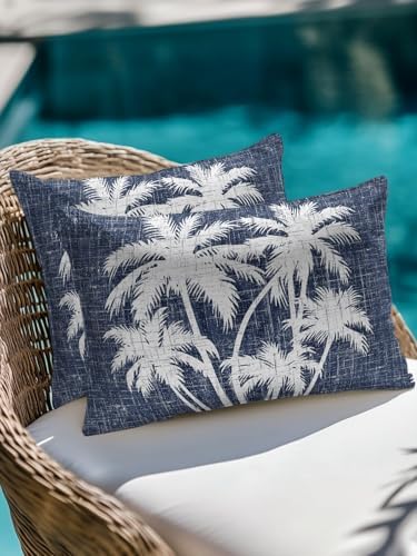 Outdoor Pillows Waterproof Set of 2, Tropical Palm Tree Patio Throw Pillows for Couch Bed Sofa with Insert, Vintage Dark Blue Exotic Botanical Plants Decorative Reading/Camping Pillow Set 12x20 Inch - Image 4