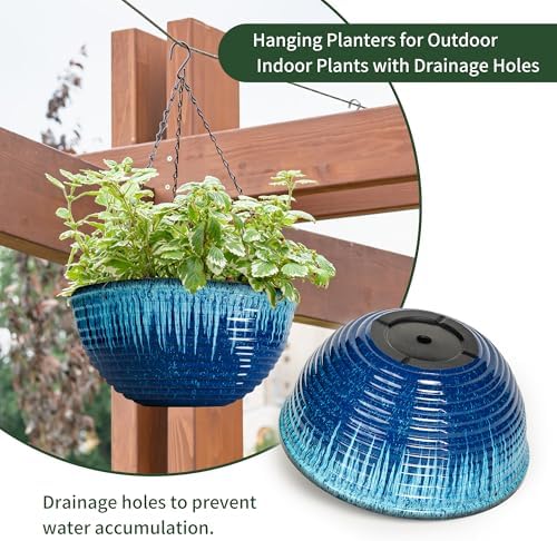 12 Inch Glazed Hanging Planters for Indoor Outdoor Plants, Hanging Baskets - Image 4