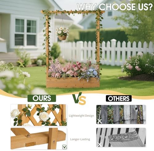Outvita 72" Raised Garden Bed with Trellis, Wood Planter Box with Hanging Roof, Side Trellis and Drainage Holes, Above Ground Elevated Garden Bed for Outdoor Climbing Plants Vegetables(Teak Color) - Image 2