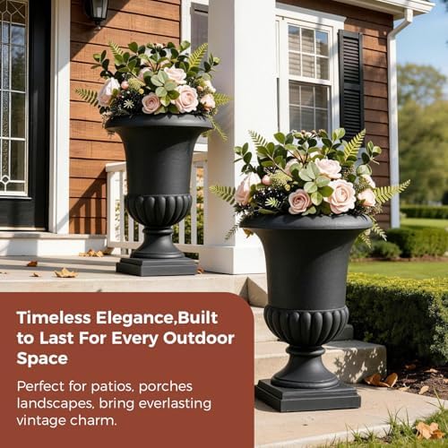 24.4" H Roman Urn Planter, Lightweight Matte Black Plastic Flower Pot - Image 3