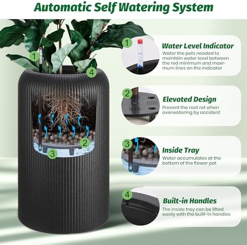 Hipicute 29 Inch Tall Self Watering Pots Set of 2 with Water Level Monitor, Tall Planters for Indoor and Outdoor Plants, Flower Pots for Living Room, Bedroom, Office, Patio, Porch, Garden, Black - Image 3